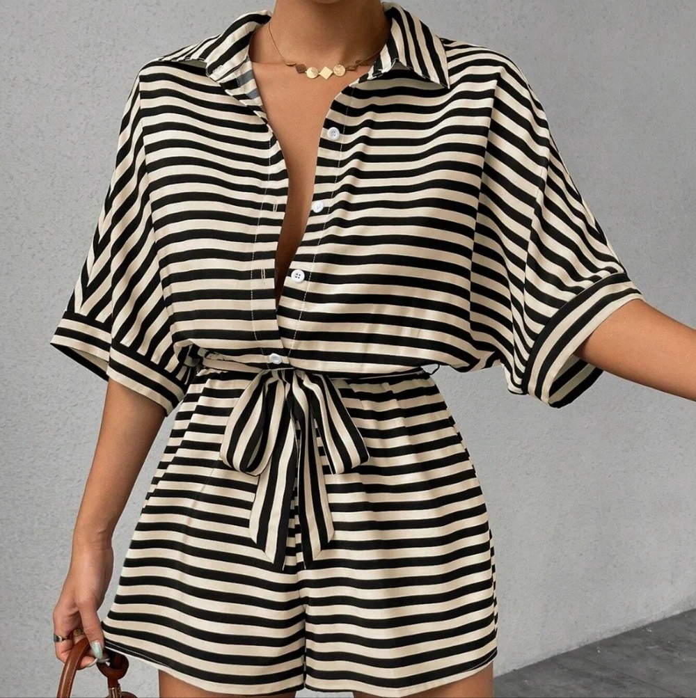 Tan Striped Tie Waist Romper - Picture 3 of 8